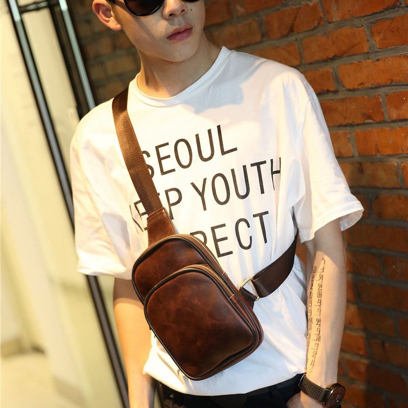 Heren pu leren borstfietstas, schoudertas, kleine dagrugzak, portemonnee (koffie)