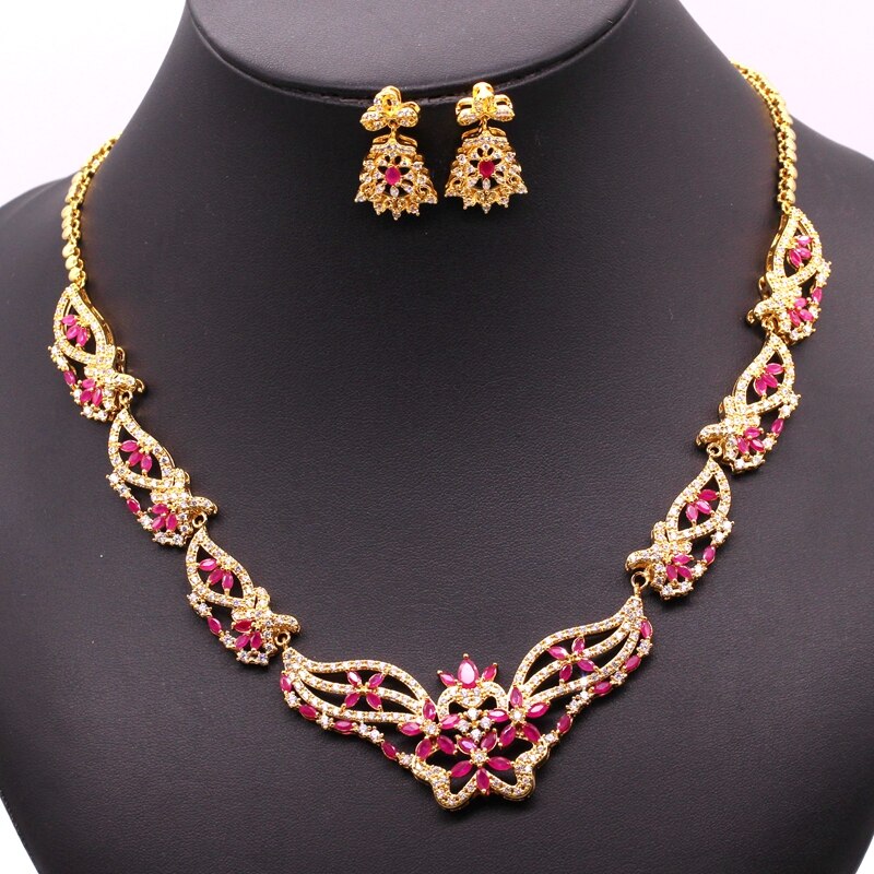 Luxury Female Costume Jewelry Set for Women Yellow Gold Color Red Green Zircon Necklace Earrings Wedding Set