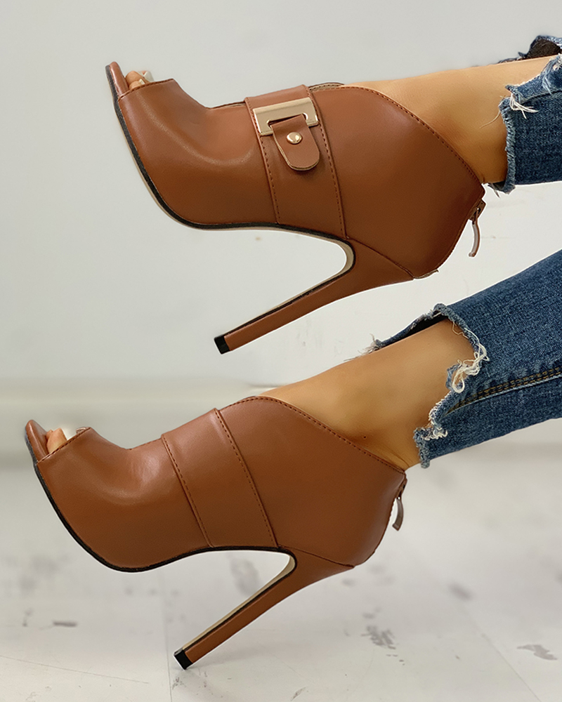 Pu peep toe gesp dunne hakken imitatieleren comfort laarzen: Bruin / 8.5