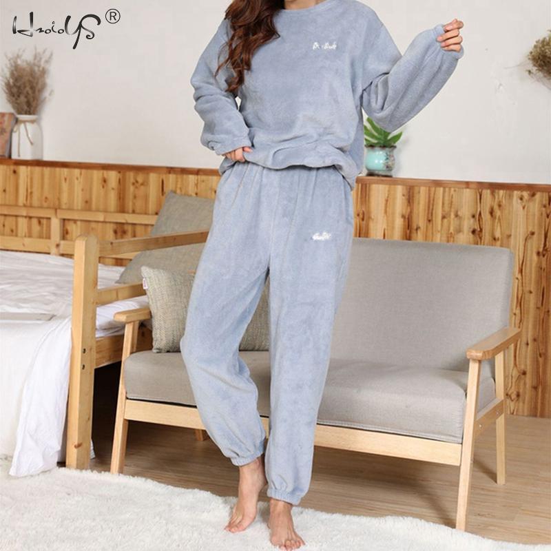 Inverno feminino flanela de veludo pijamas define pijamas grosso solto casual macio quente camisola de casa roupas femininas terno pijamas: C Blue