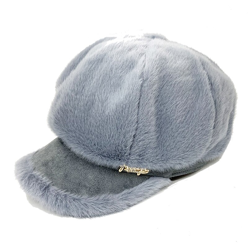 Vinter kvinder imiteret pels hatte varmere ensfarvet plys ottekantede kasketter afslappet udendørs vindtætte varme hatte damer hat kasketter: 02
