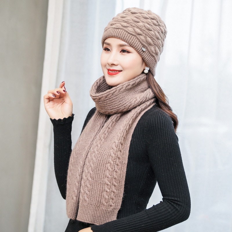 Hat Scarf Set Female Women Knitted Caps Scarf Set Hats and Scarves Sets Windproof Warm Winter Scarf Hats for Mother