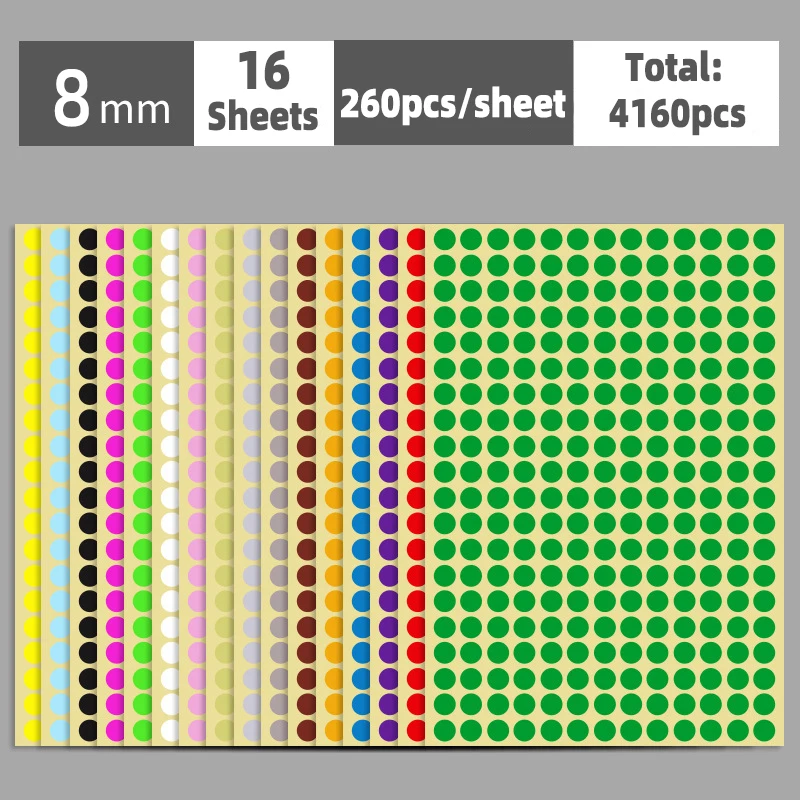 Autocollants à pois auto-adhésifs, étiquette ronde, fournitures scolaires, document mixte, multi-taille, 6mm, 8mm, 10mm, 13mm, 16mm, 19mm, 25mm, 32mm, 50mm, 100mm, 16 feuilles: vert clair