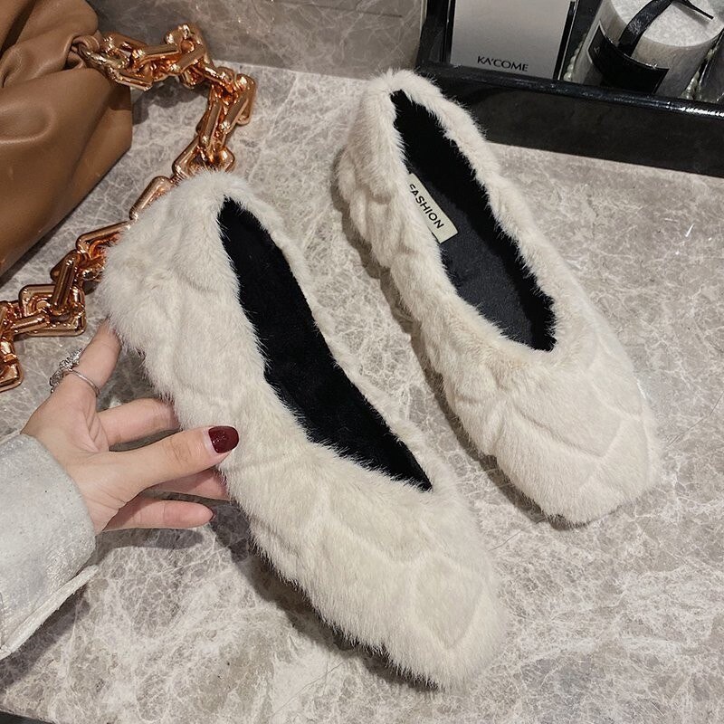 Loafers bont dames sneakers herfst dames winter schoenen ondiepe mond all-match damesschoenen vierkante neus instappers