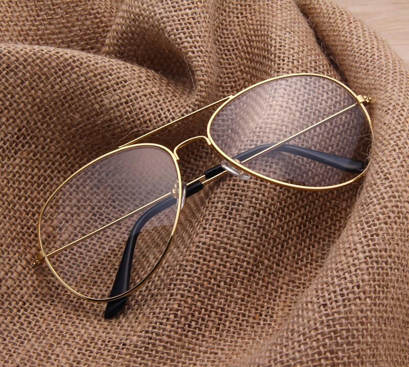 Retro estilo aviador gafas con montura metálica hombres y mujeres Vintage de de oro/plata/gris/negro transparente lente gafas: Gold frame Black leg
