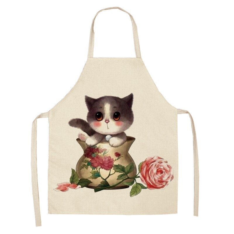 Keukenschort voor vrouwen, schattige cartoon kat bedrukt, mouwloze katoenen linnen schorten voor koken, schoonmaakgereedschap 53*65cm: F