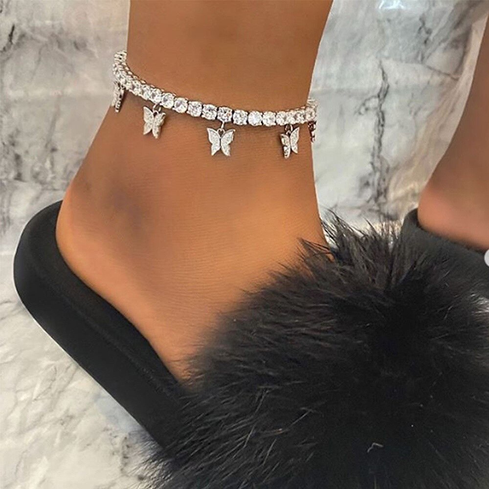 Schattige Kleine Vlinder Charm Enkelband Foot Sieraden Voor Vrouwen Hip Hop Cubaanse Link Chain Iced Out Enkelbandje Vlinder Sieraden