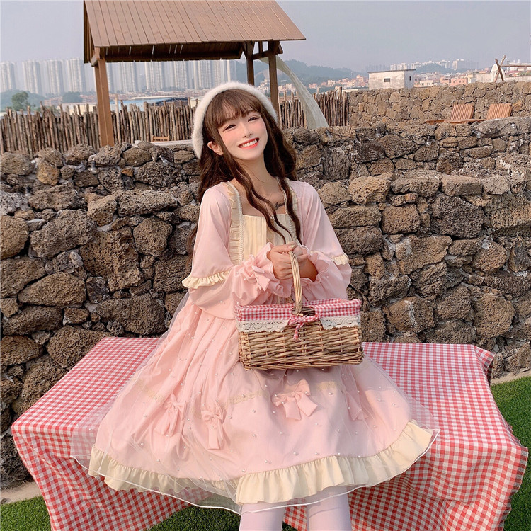 Vestido de hada Lolita mujeres otoño invierno dulce temperamento malla lolita manga larga vestido de gran oscilación: Rosa
