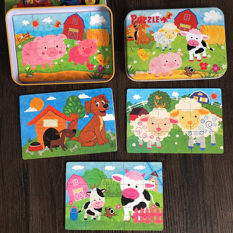 4 In 1 Puzzles 9/12/15/20Pcs Puzzles/Set With Iron Box Wooden Toys For Kids Educational Baby Toys Learning: Cow