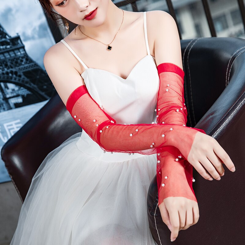 Women Elbow Long Fingerless Wedding Gloves For Bride Pearls Beaded Evening Party Accessories