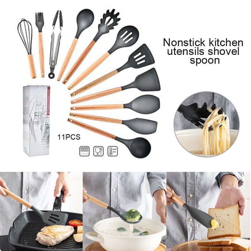 Ustensiles de cuisine en Silicone | Ustensiles de cuisine, ensemble d'ustensiles de cuisine, ustensiles de cuisine antiadhésifs, poignées en bois, outils de cuisine, pinces tournantes cuillère