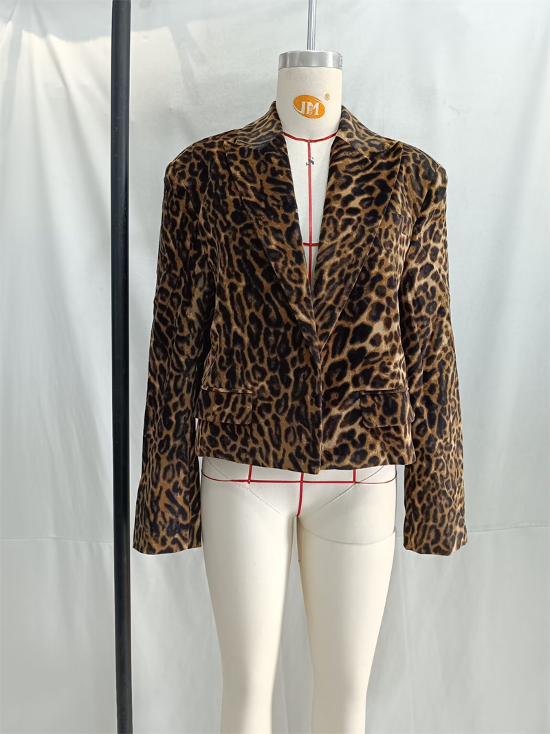 Keyanketian høst/vinter dame leopardprint fløyelsdress retrostil løs avskåret blazer med klafflommer og yttertøy