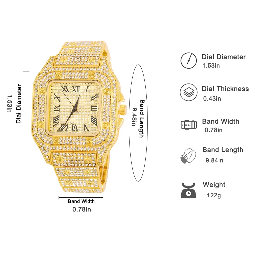 Goudkleurige Cubaanse kettinghorloge voor mannen, hiphop Miami Curb, Iced Out verharde strasssteentjes, bling rapper ketting, horloge + armband sieraden