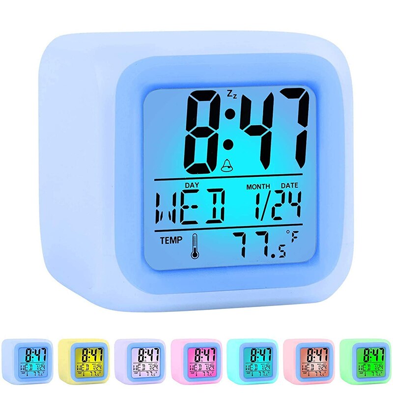 Colorful Alarm Clock Kids Children Wake Up Digital LED Night Light Clock Travel Large Display Time/Date/Alarm with Snooze
