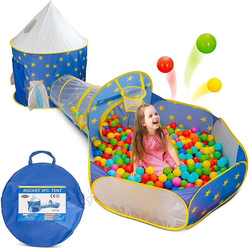 3 In 1 Kids Rocket Tents Crawl Tunnel Ball Pit Children Castle Playhouse for Boys Girls Indoor Outdoor Children&#39;s Tent