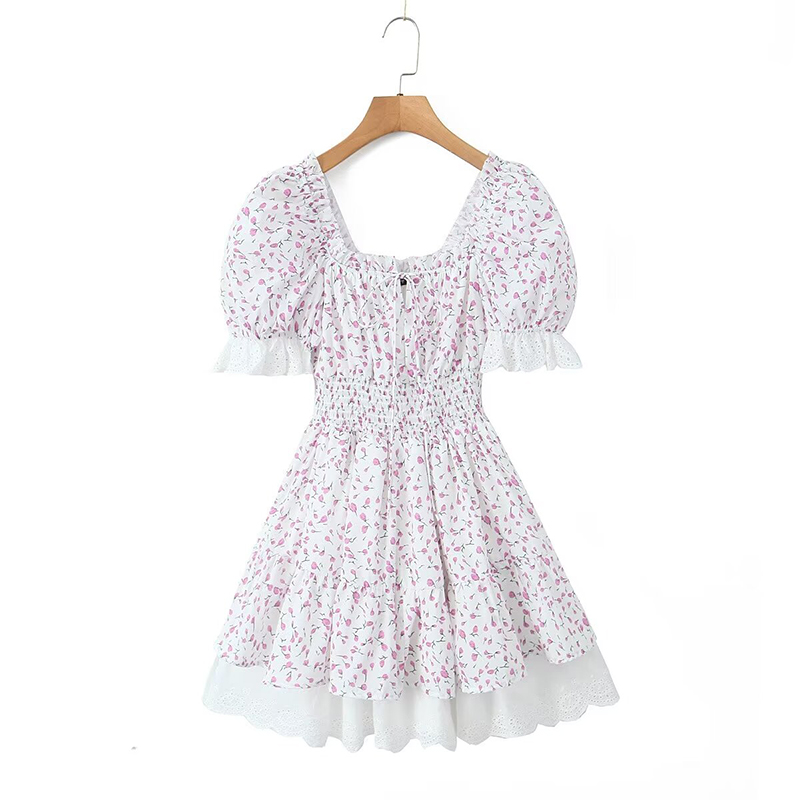 YENKYE Französisch Vintage Floral Print Sexy Off Schulter Kleider Frauen Spitze Patchwork Partei Sommer Kleid Kurze Robe Ziemlich
