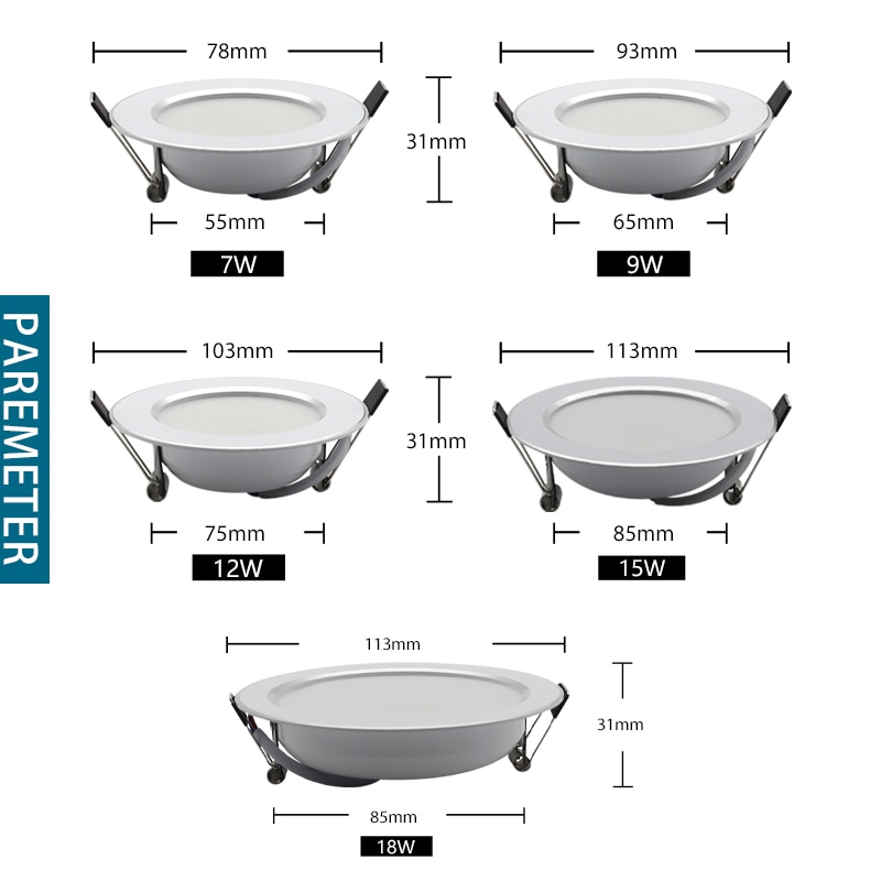 ledet downlight 7w 9w 12w 15w 18w innfelt få øye på ledet lampe 220v flis/hvitt skallhus vanntett downlight