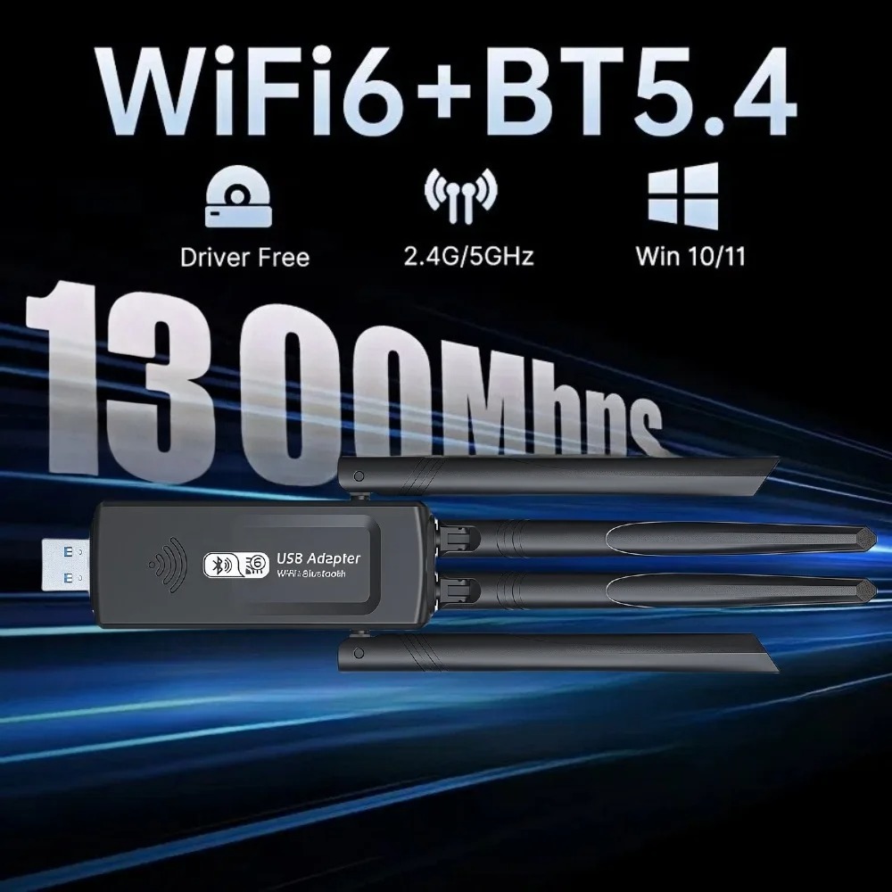 1300 Mbit/s WiFi-USB-Adapter WiFi6 Bluetooth 5.4 Dualband-Netzwerkkarte 2,4 G + 5,8 GHz 4 Antennen USB-Funkempfänger für PC/Laptop