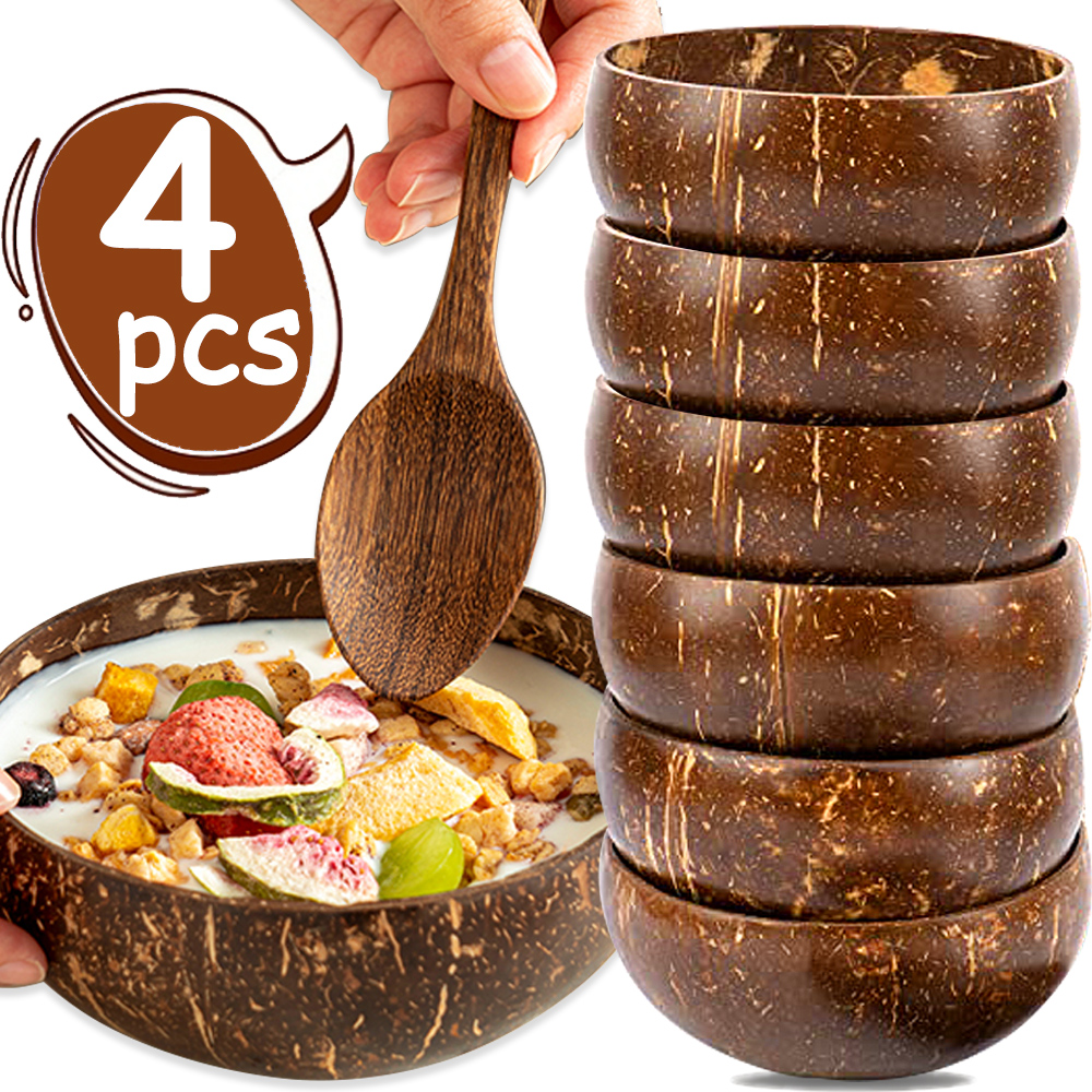Cuenco de coco Natural para cena, vajilla de madera hecha a mano, cuchara de madera para postre, ensalada de frutas, mezcla de arroz, Ramen, 550/400/300Ml