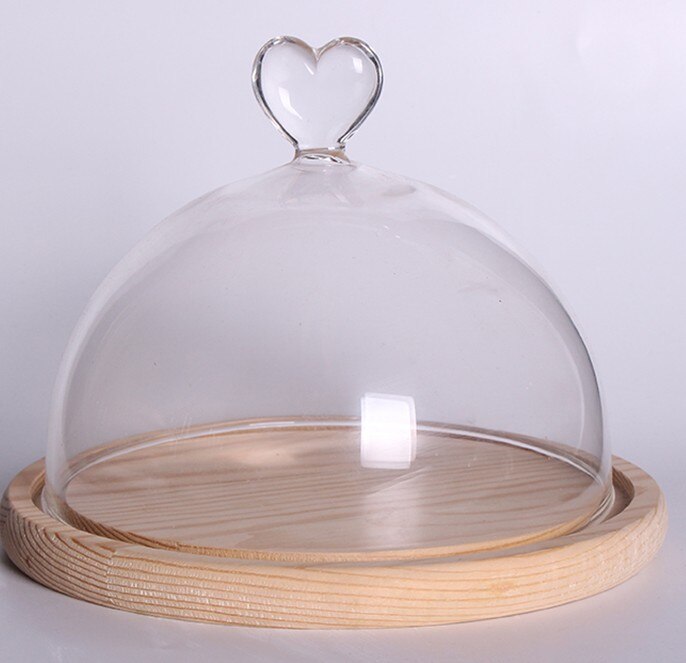 Glass dome bell jar display case Cloche with Wood Base Heart Handle Dry Flower Ornaments Handmade Craft: unpainted wood base