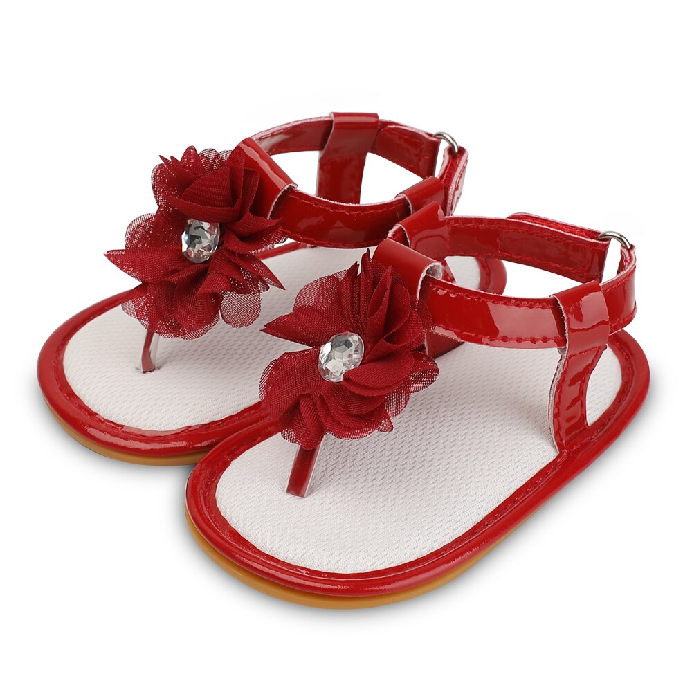 Sandales d'été pour bébés filles, chaussures en caoutchouc PU, semelle souple, bande de fleurs, parc, ramper, premiers pas, mignonnes: Rouge / 7-12 mois