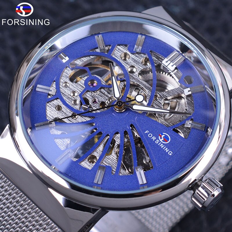 Forsining Luxe Dunne Case Unisex Waterdicht Heren Samll Wijzerplaat Horloges Top Luxe Mechanische Skelet Horloges: Blue