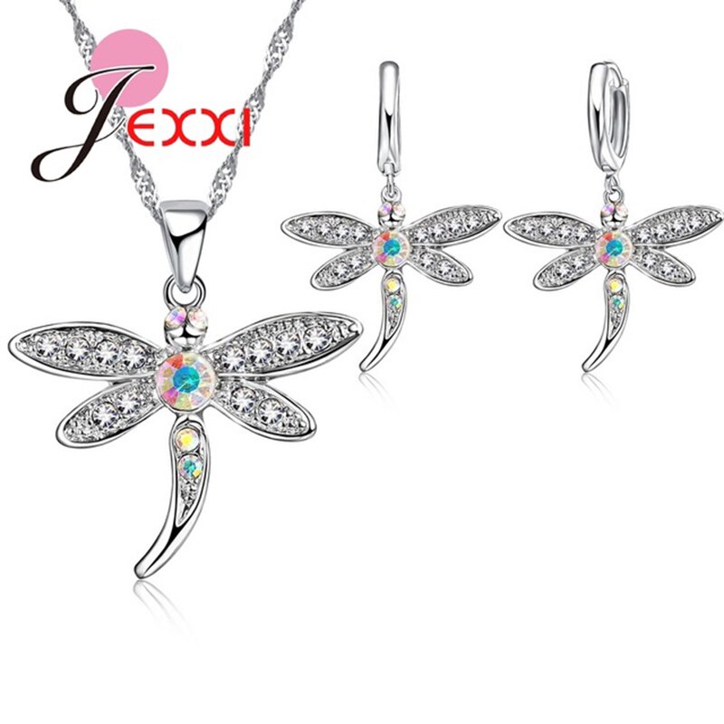 Luxe 925 Sterling Zilveren Libelle Hanger Ketting Oorbellen Vrouwelijke Sieraden Set Voor Party Vrouwen Fancy Sets