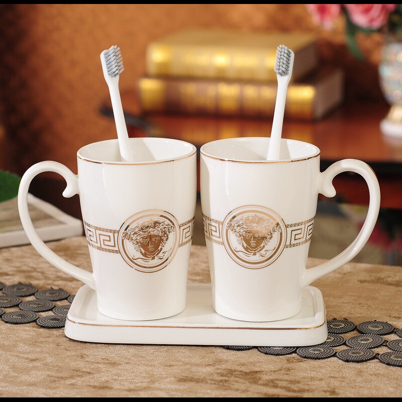 Juego de accesorios de baño de cerámica para cepillos de dientes taza de gárgaras con bandeja estilo europeo 3 piezas Set de de boda