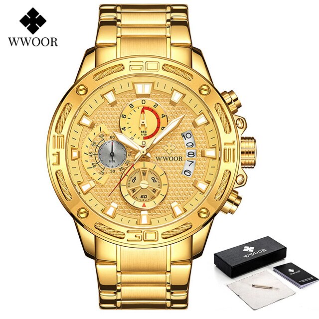 Relojes WWOOR para hombre, superior, de lujo, reloj de cuarzo de acero inoxidable dorado, cronógrafo deportivo resistente al agua para hombre, reloj Masculino: Negro