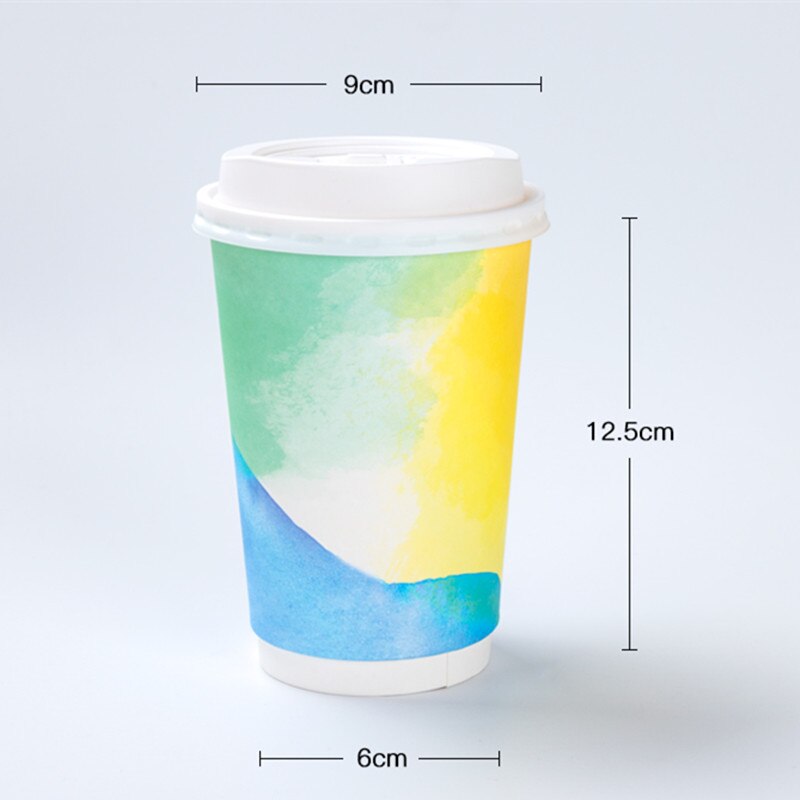 25pcs Net red disposable coffee cup 16oz 500ml double layer paper drinks paper cups colorful light blue drinking cup and lid: cup with lid