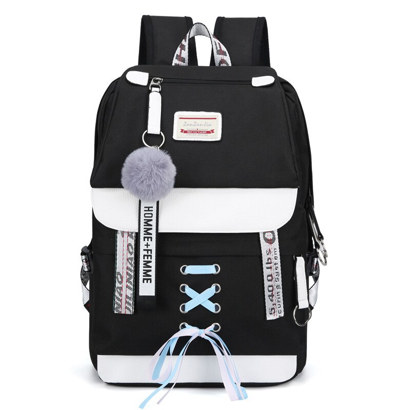 Toile Usb sacs d'école pour filles adolescents sac à dos femmes Bookbags noir grande capacité moyen collège adolescent cartable: Black