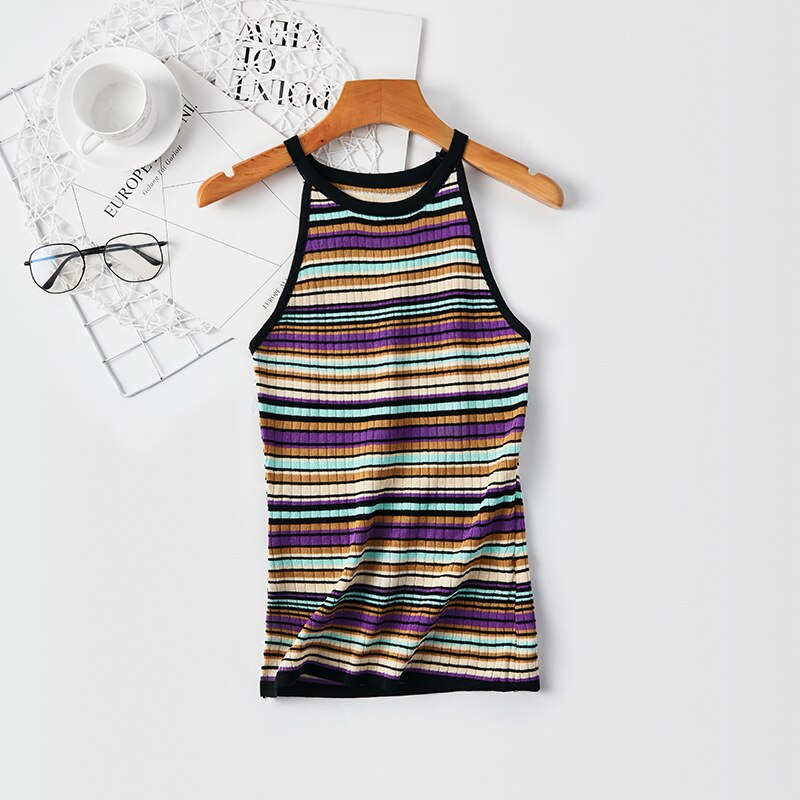 Sommer strikket stribet sweater kvinder tank tops kvinder afslappet ærmeløs grime top kvindelig kontor dame: Sort