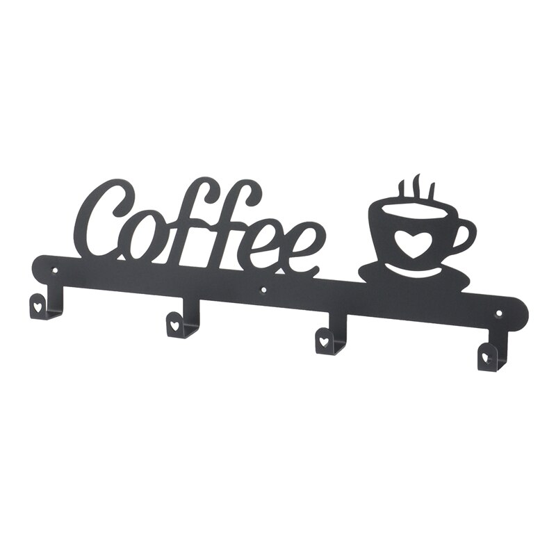 Metal Coffee Mug Holder, Wall Mounted Coffee Cup Rack With Coffee Sign, 4 Hooks Art Metal Cup Hanging Decor