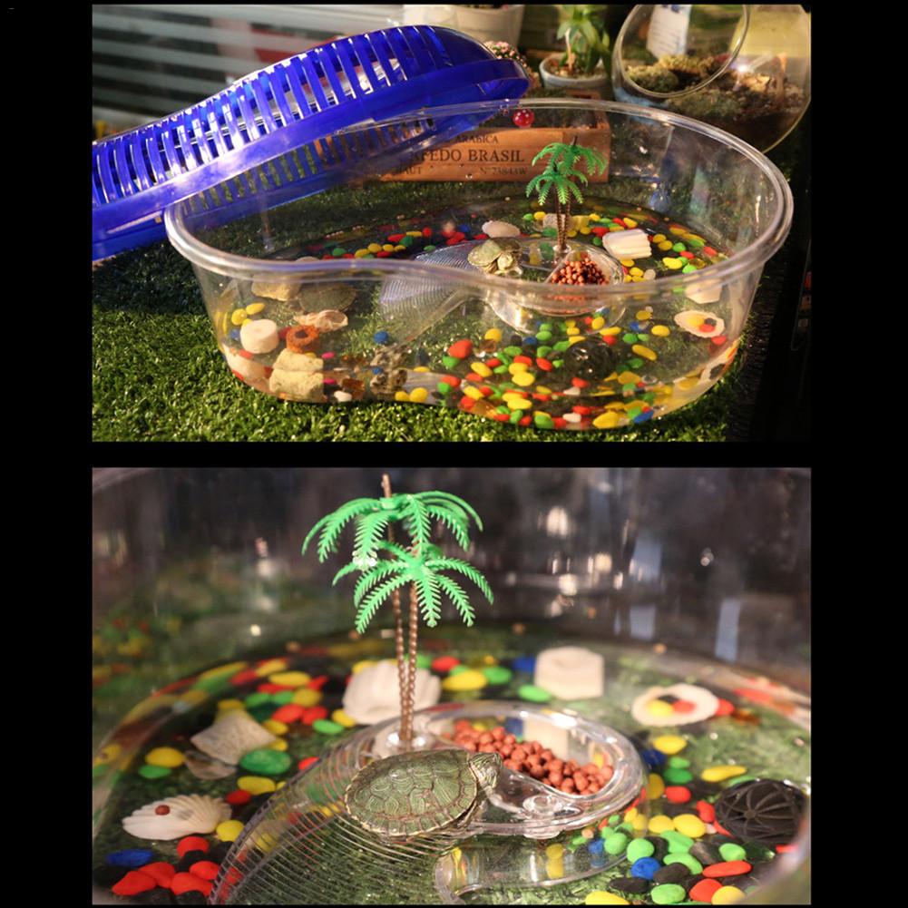 Akvarium mini akvarium sköldpadda cylinder med plattform sköldpadda plast tank vattensköldpadda avelsbox med lock