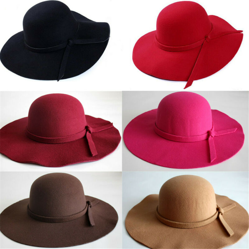 Vintage kvinder pige damer floppy bred rand uldfilt bowler strand hat solid solhætte sort rød kaffe