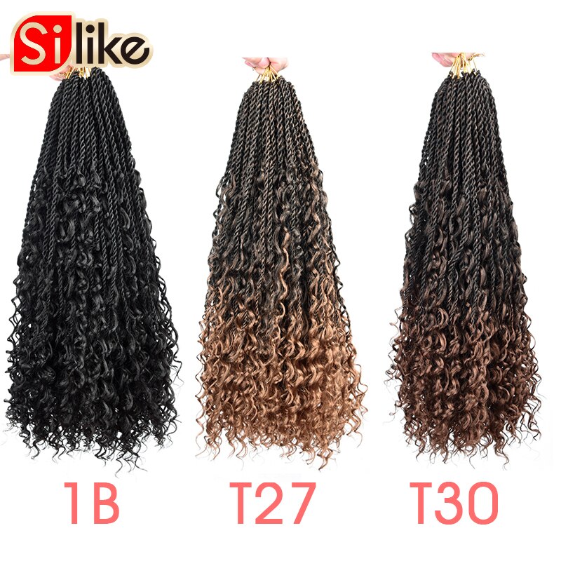 Trenzas de ganchillo senegalés de 18 pulgadas, trenzas desordenadas con extremos curvos, extensión de cabello trenzado de ganchillo sintético para mujeres negras