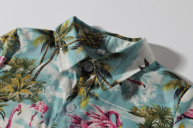 Camiseta de manga corta con estampado de flamenco para niño, camisa de playa con solapa, botones estampados, ropa de verano para vacaciones en la playa, 1-6 años
