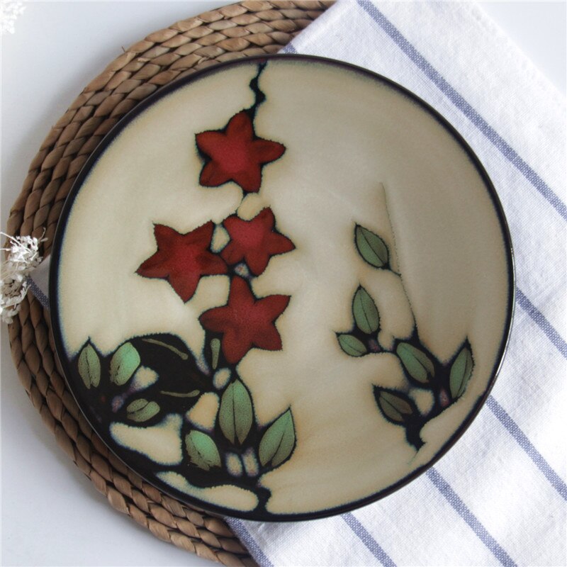 Platos de cerámica pintados a mano, platillo redondo de 21cm, Flor Retro, carne, ensalada, fruta, pastel, Sushi, vajilla de cocina, 1 Uds.: K