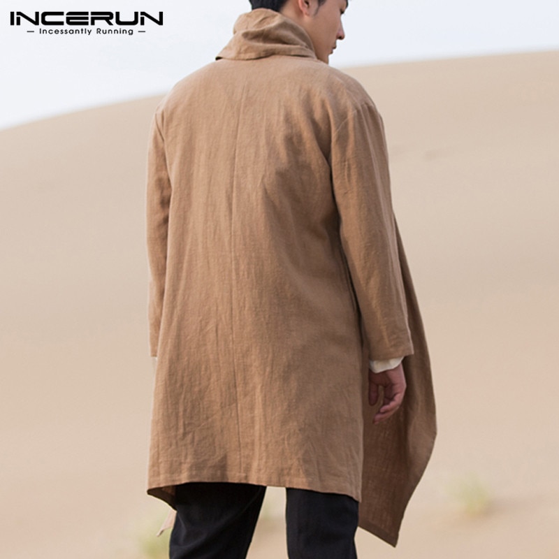 Incerun Vintage Mannen Jassen Katoen Coltrui Onregelmatige Geul Poncho Casual Lange Mouw Mantel Effen Straat Jassen Heren Bovenkleding