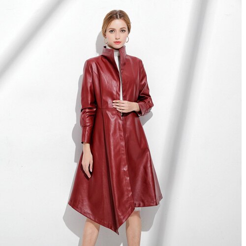 Spring autumn faux leather jacket women Europe and America S-3XL plus size black wine red slim PU jacket JD429: wine red / XL