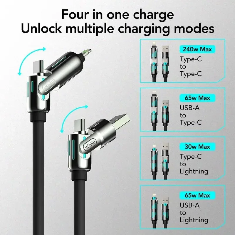 USB, Type C, Lightning-Max 240W snellaad- en datasynchronisatie MFISH 4-in-1 multifunctionele USB-oplaadkabel voor iPhone 16/15, iPad