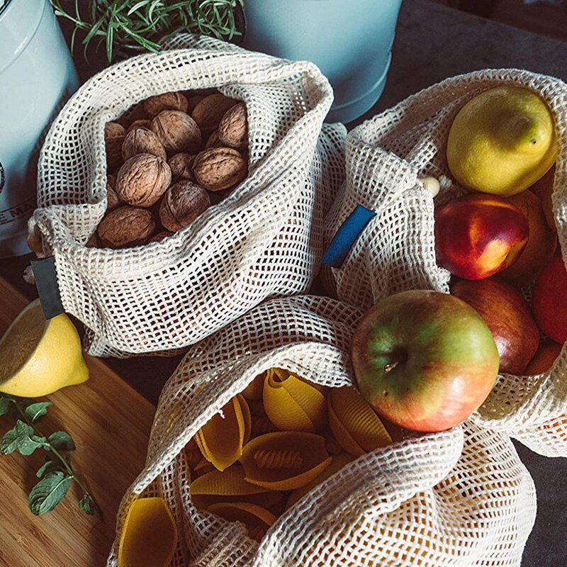 Reusable Produce Bags Organic Cotton Mesh Produce Bags Double-Stitched Seam Eco-friendly Zero Waste Grocery Shopping Bag Fruits