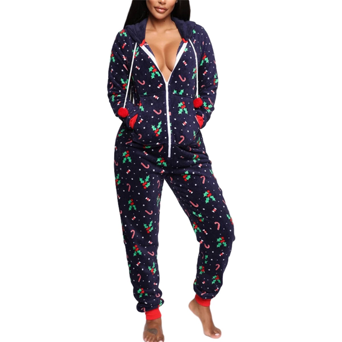 Herfst Winter Vrouwen Hooded Jumpsuits Leuke Kerst Patroon Casual Homewear Pyjama Vrouwelijke Lange Mouwen Ritsen Rompertjes Nachtkleding