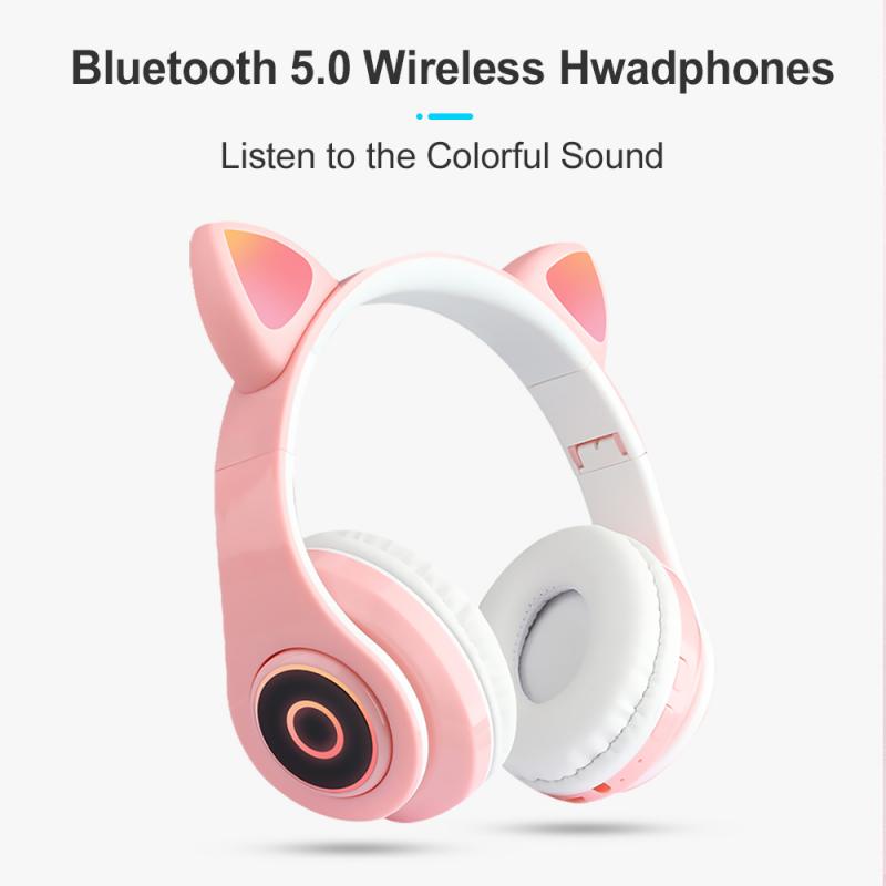 Cat Ear Bluetooth 5.0 Headset Wireless Hifi Music Stereo Bass Headphones LED Light Mobile Phone Girl Daughter Headset For PC