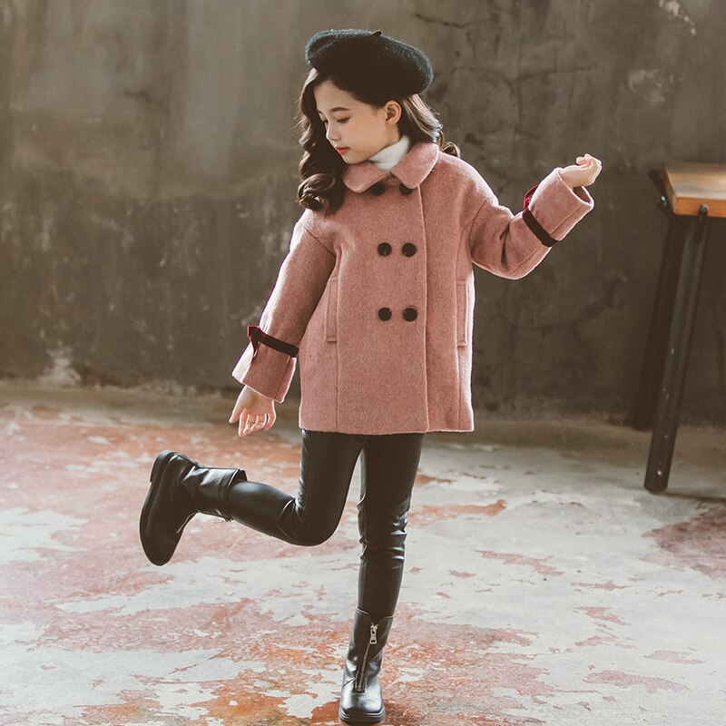 Tjej ullkappa höst vinter barntyg kappa barn ytterkläder 4-11 år: Rosa / 4t