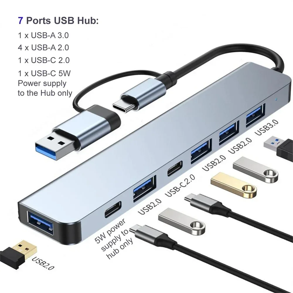 7 porte usb ac hub koncentrator 3.0 2.0 type multiadapter multi-hub dock splitter bærbar pc computerudvidelsestilbehør: Sølv