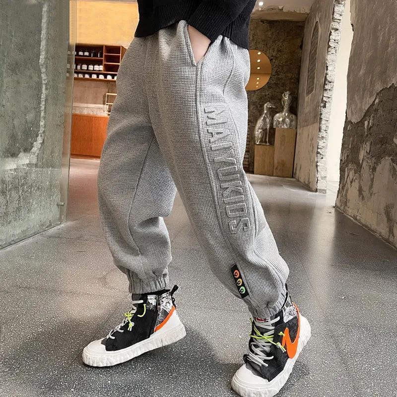 Pantalones de lana para niños de 3 a 14 años, mallas gruesas y cálidas de terciopelo con letras bordadas, ropa de otoño