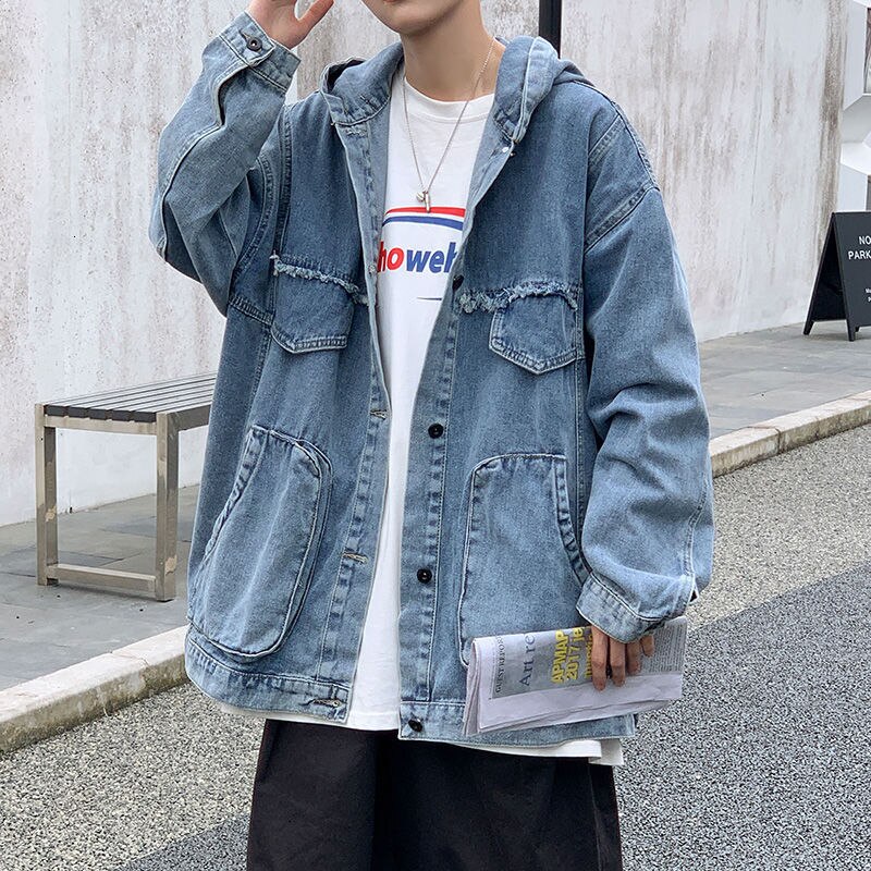 Autumn Hooded Denim Jacket Men's Retro Casual Thick Denim Jackets Mens Streetwear Loose Hip-hop Bomber Jacket Men M-2XL: Denim Blue / M