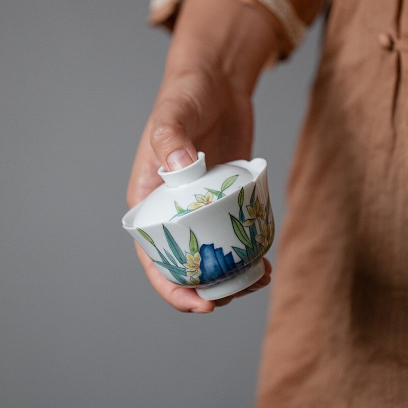 100ml Pure Hand-painted Narcissus Orchid Art Tea Tureen Boutique Tea Maker Gaiwan Ceramic Hand Grasping Tea Bowl Kung Fu Teaware