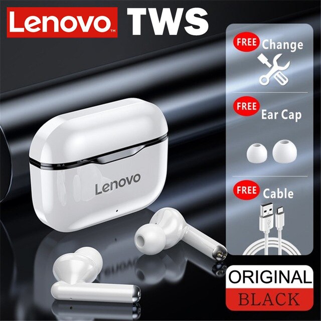 Lenovo-auriculares inalámbricos LP1 con TWS, cascos deportivos impermeables con Bluetooth 5,0, micrófono con cancelación de ruido, estéreo Dual, HIFI, bajos táctiles: black